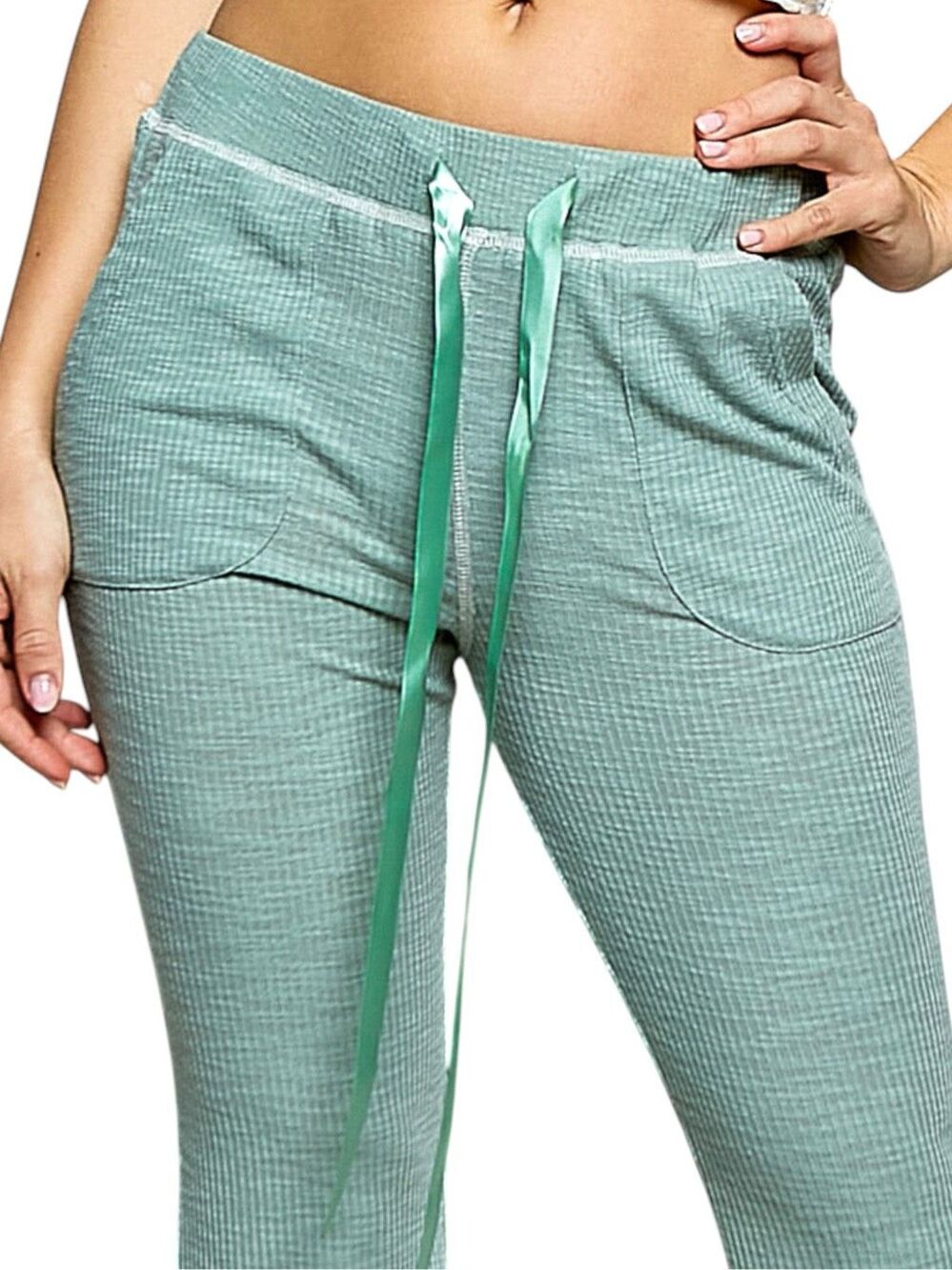 POL Drawstring Ribbed Knit Flare Lounge Pants | Wide Leg | Pale Sage | Pockets - Picture 10 of 11